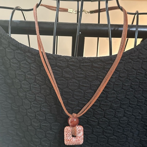 Coral Fossil Square Donut Pendant on Brown Two Tone Faux Leather Double Cord - Picture 10 of 11